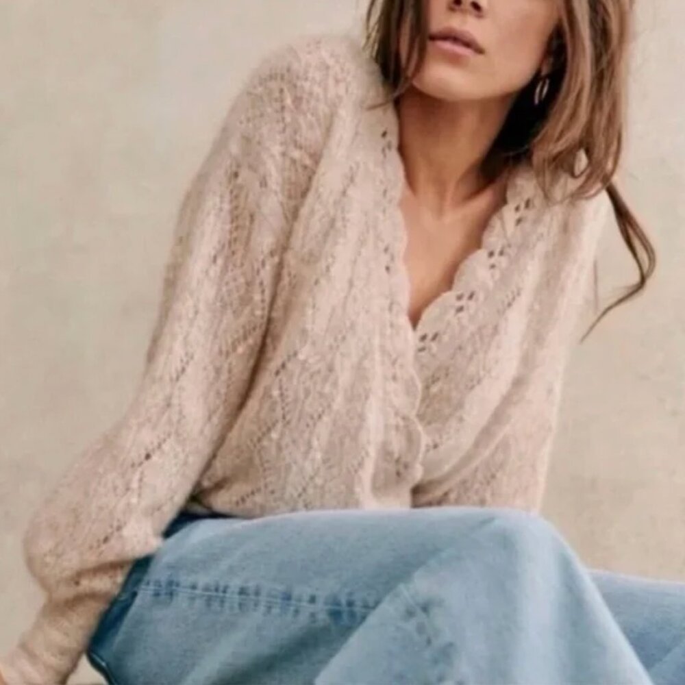 BEST Sezane Nathalia Jumper XXL Beige Sweater V-Neck Wool French - Picture 2 of 9